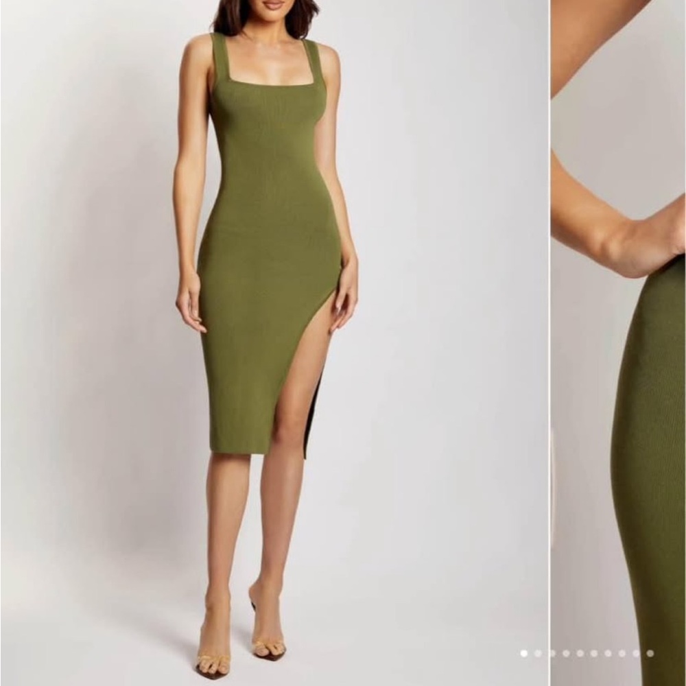 Meshki Olive Midi Dress with Side Slit